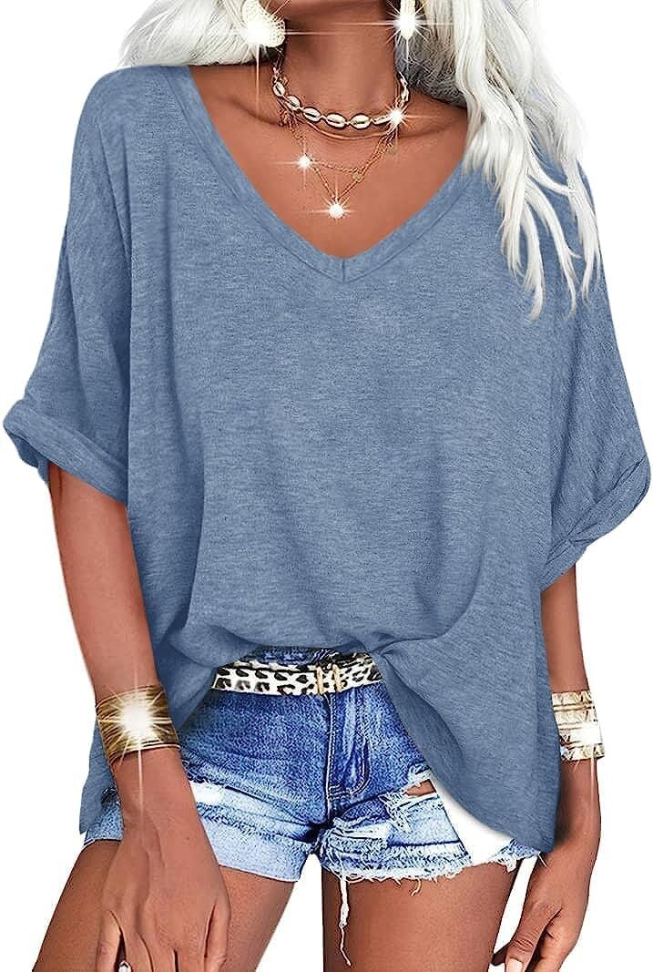 🔥PROMOTION LAST DAY🔥Women's Summer Tops Oversized Tshirts Half Sleeve Loose Fit V Neck Casual Blouse Tee