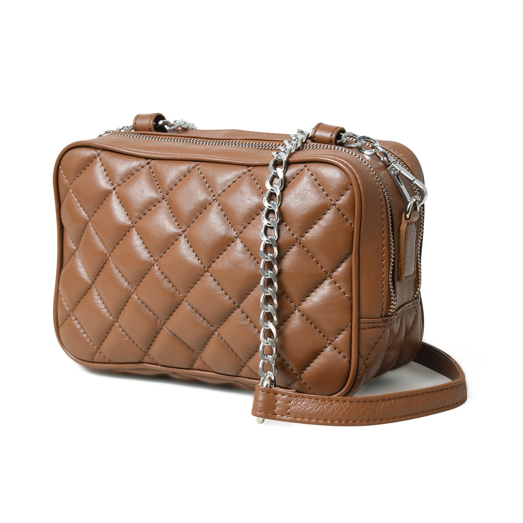 Stylish Mini Quilted Crossbody Bag. Rich Brown