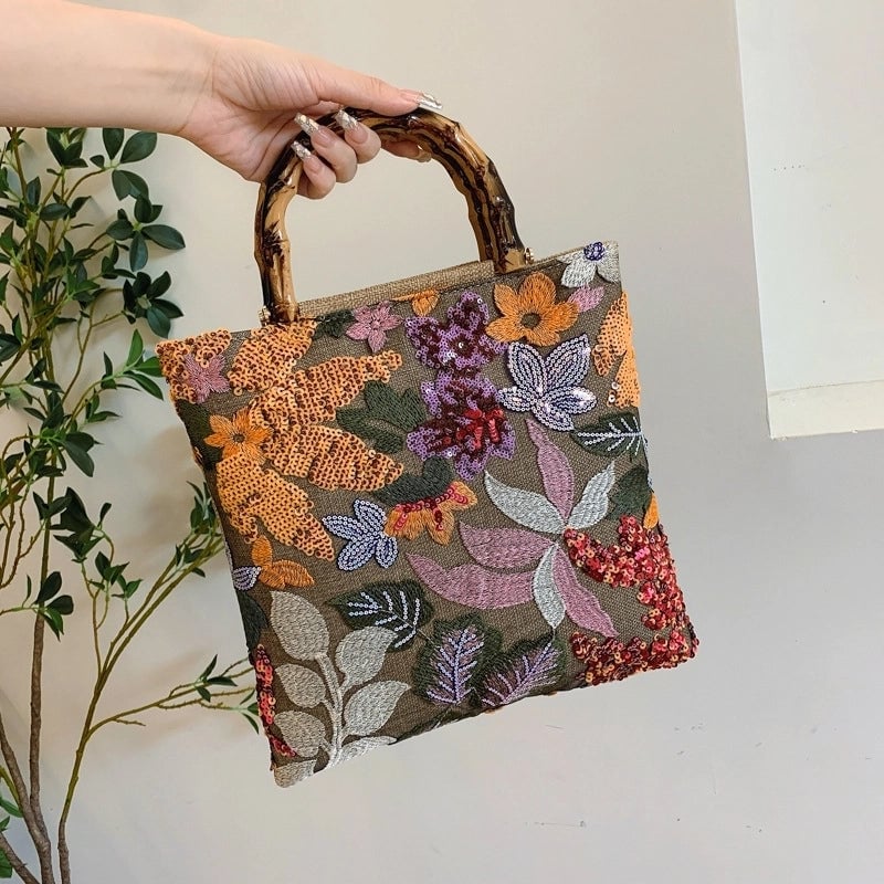 Women's Cotton And Linen Printing Vintage Style Square Zipper Handbag