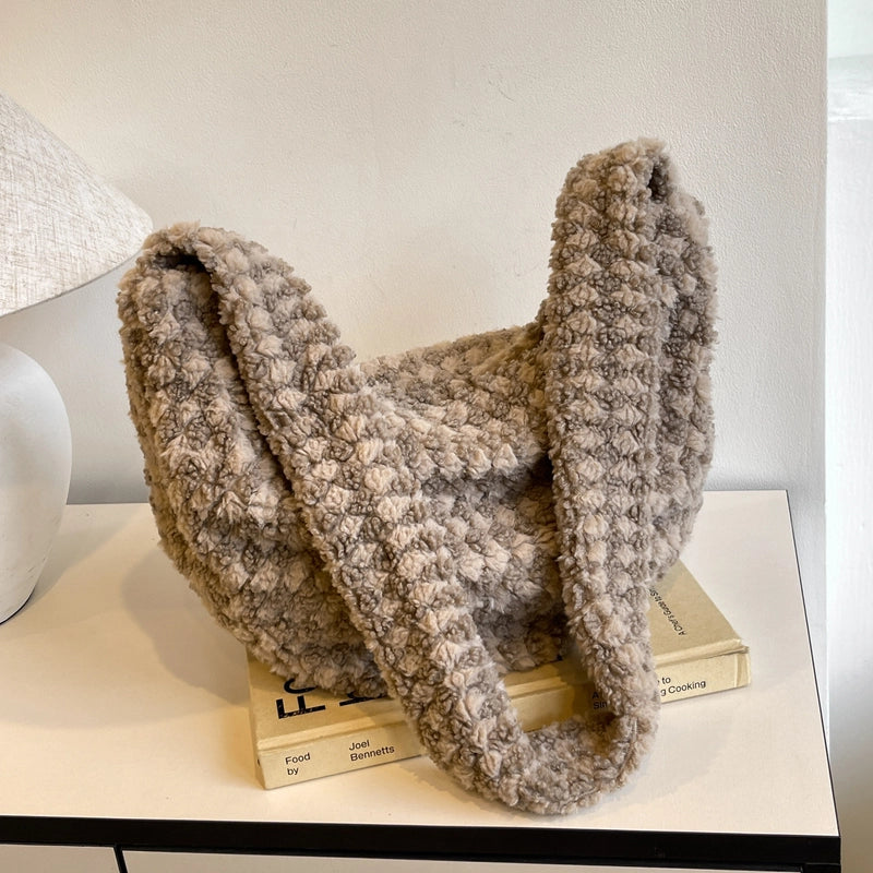 Women's Woolen Plaid Classic Style Dumpling Shape Zipper Shoulder Bag
