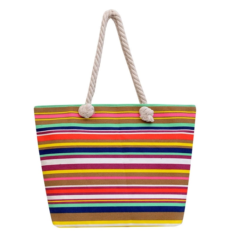 Women's Medium Canvas Geometric Stripe Streetwear Sewing Thread Square Zipper Tote Bag