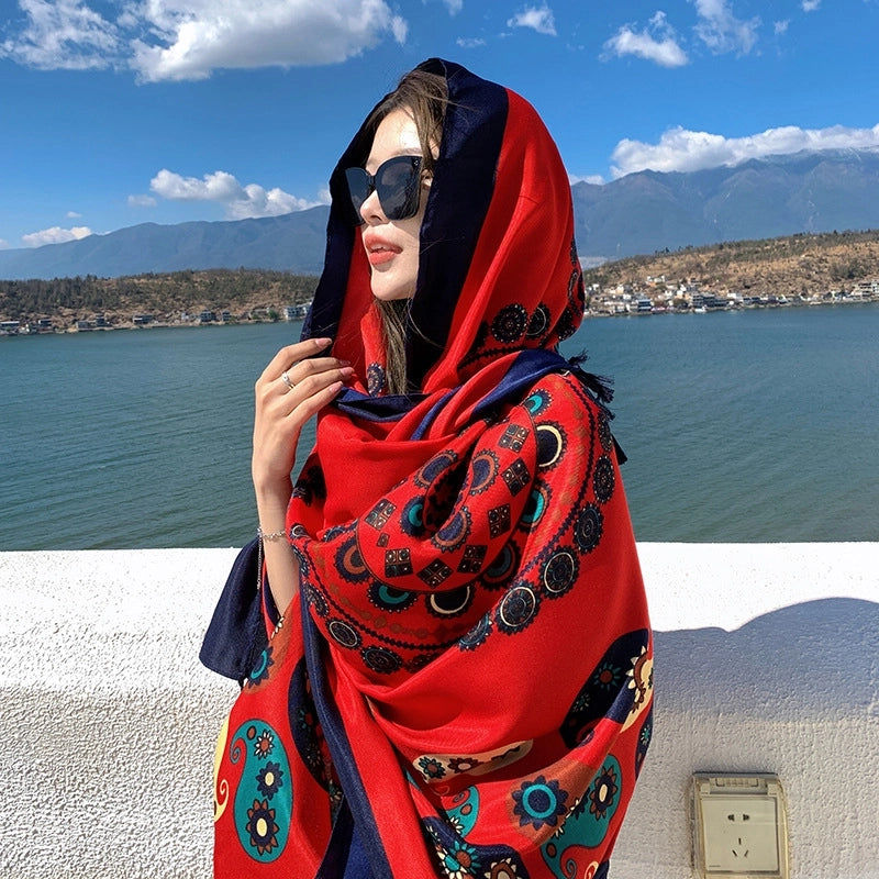 Silk Scarf Women's Summer Seaside Beach Sunscreen Shawl Scarf Dual-use  Long Ethnic Style Plus Size Travel Silk Scarf