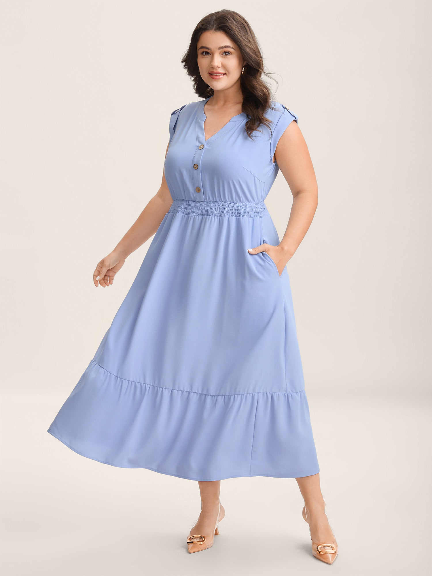 Shirred Waist Button Detail Pockets Midi Dress