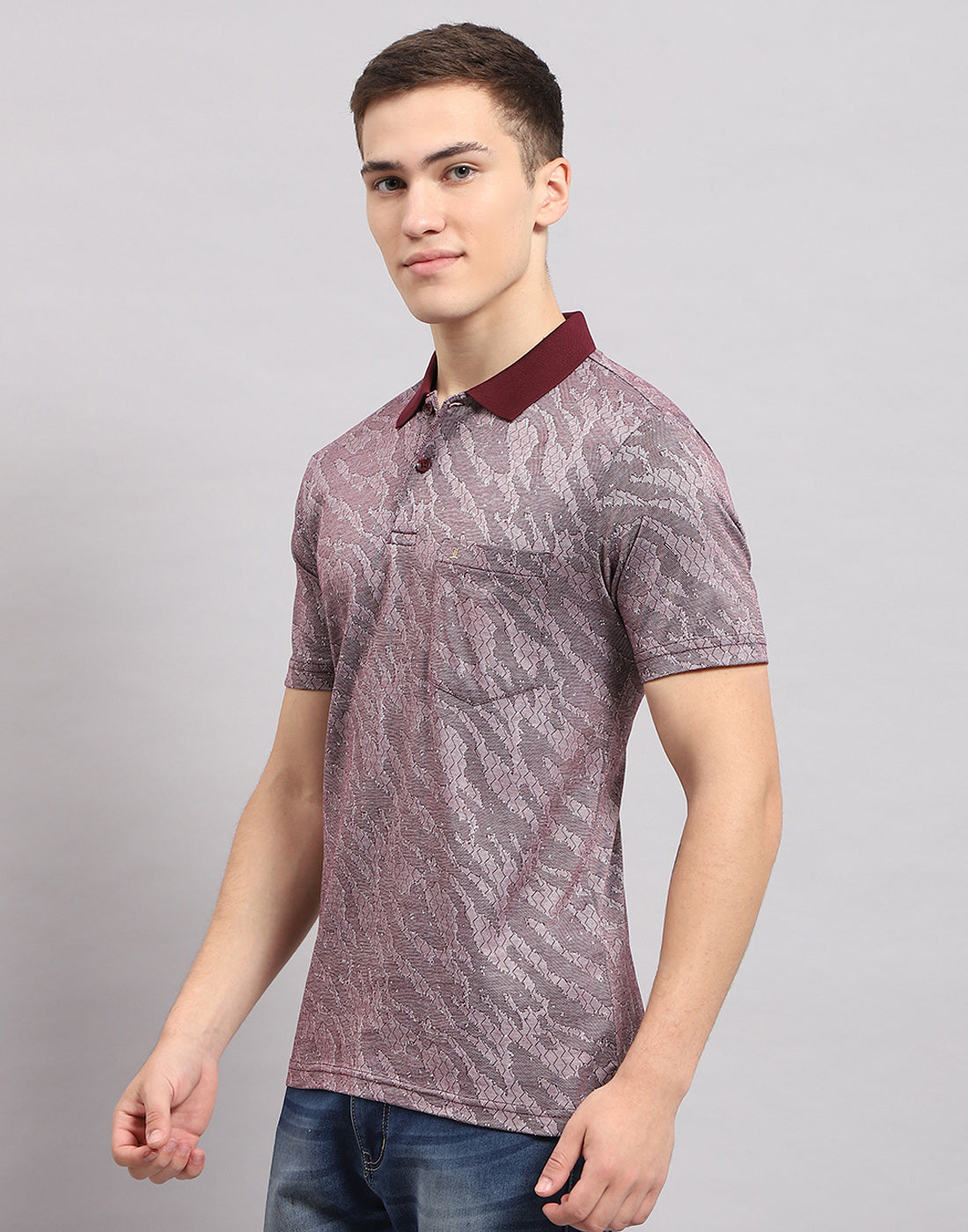 Men Maroon Stripe Polo Collar Half Sleeve T-Shirt