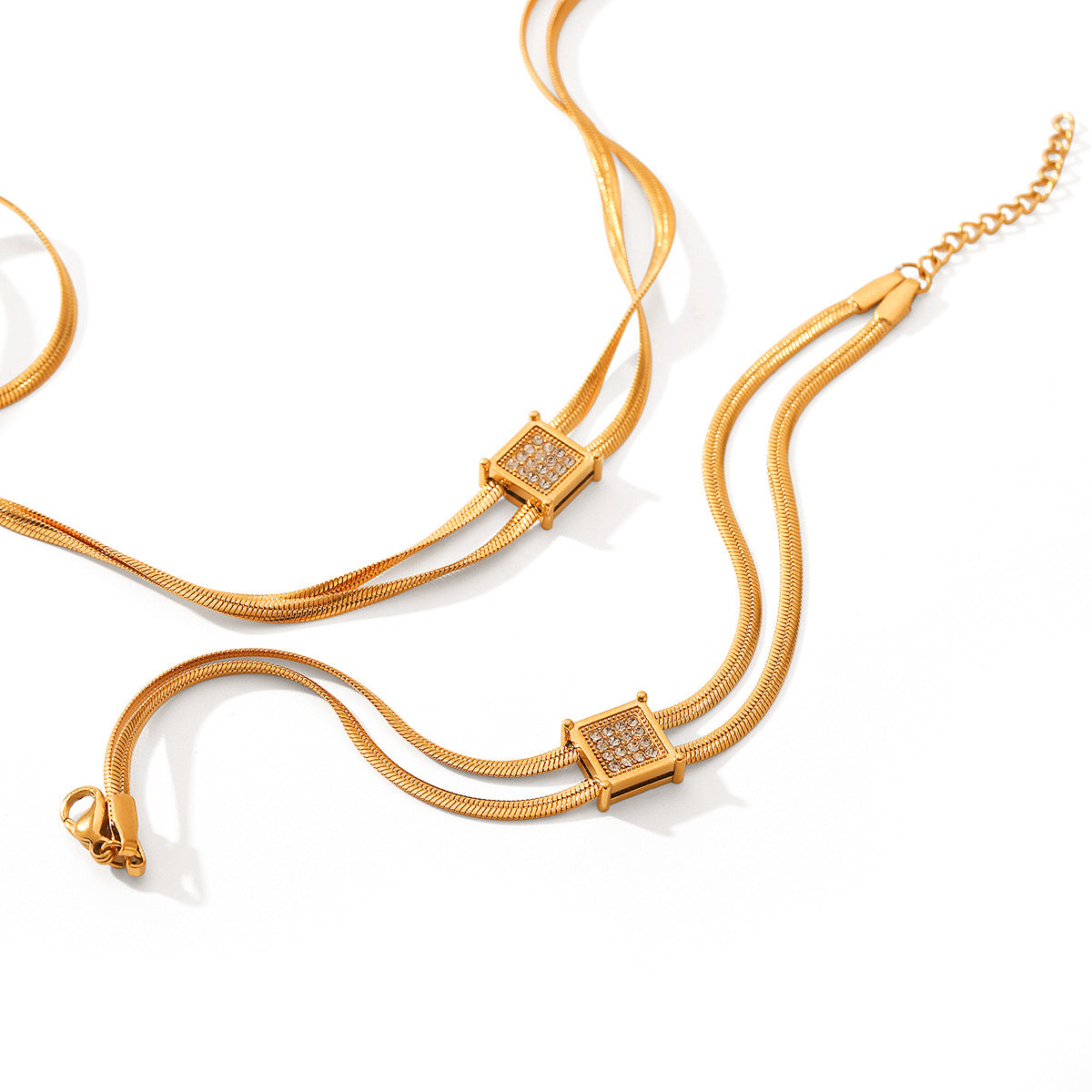 Double Snake Bone Necklace Square Stainless Steel Pendant Diamond Necklace Female Titanium Steel Bracelet
