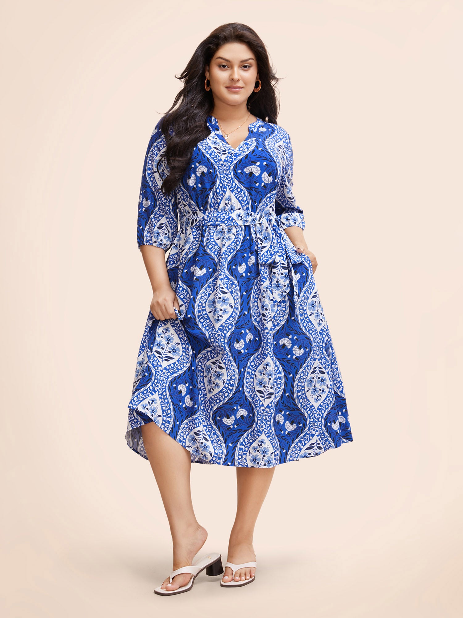 Boho Print Notched Collar Belted Gathered Dress