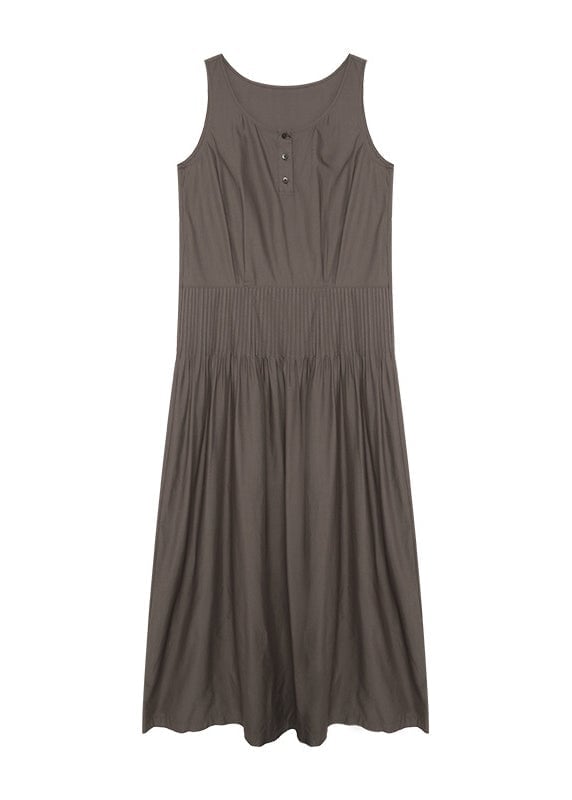 Italian Coffee O Neck Wrinkled Cotton Long Dresses Sleeveless