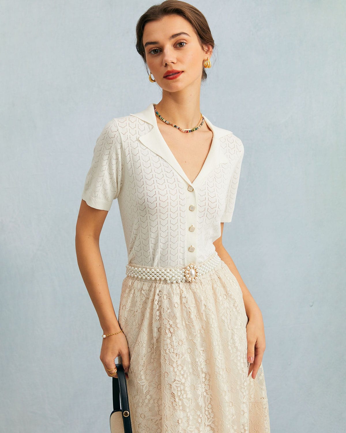 The White Collared Pointelle Knit Top