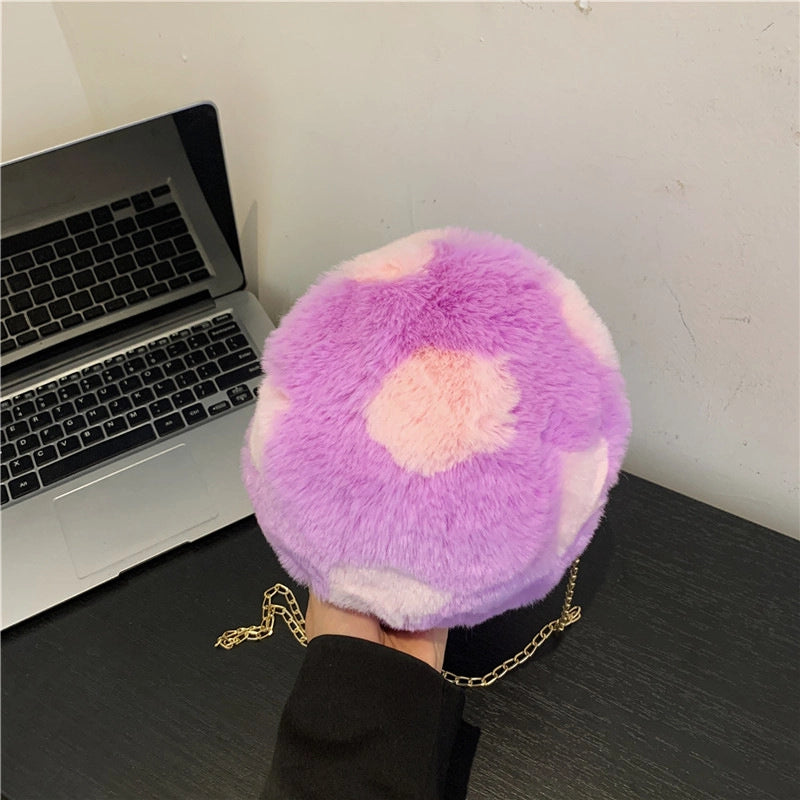 Women's Small Plush Football Streetwear Sewing Thread Round Zipper Crossbody Bag