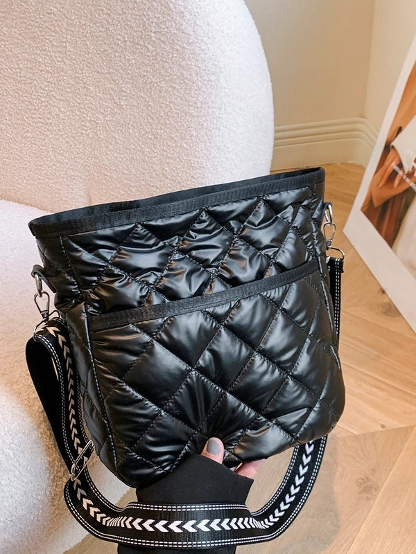 Women's Pu Leather Lingge Vintage Style Sewing Thread Bucket Zipper Shoulder Bag