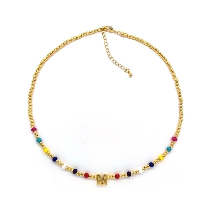 Ig Style Minimalist Letter Glass Copper Beaded Knitting Plating 18k Gold Plated Necklace