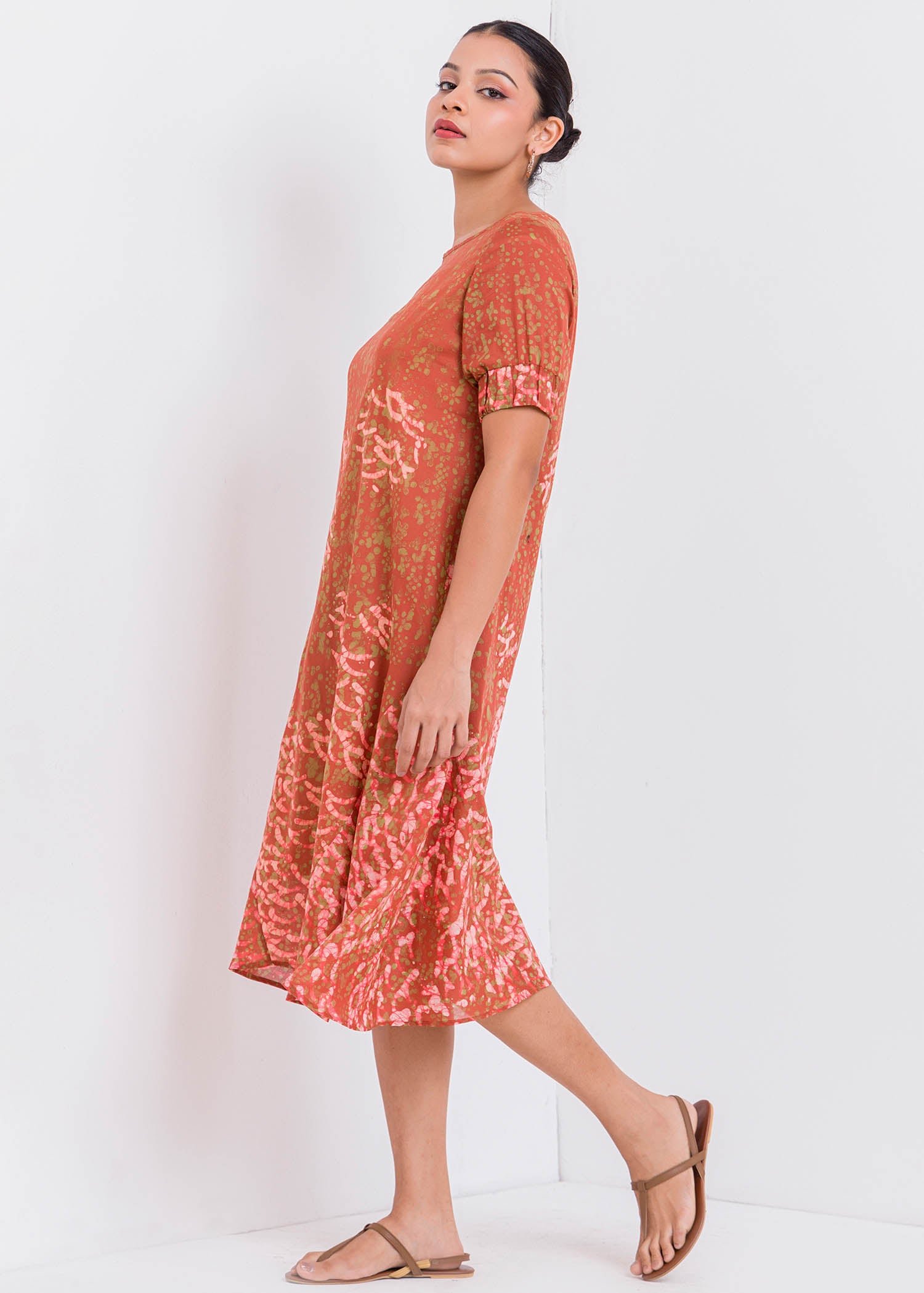 Batik Puff Sleeved Round Neck Dress