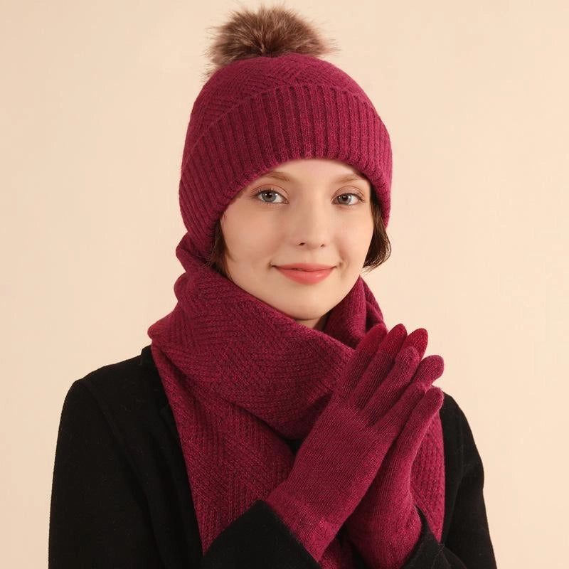 Wool Knitted Warm Gloves Hat Scarf Three-piece Suit Winter Windproof Fur Ball Fleece-lined Knitted Hat Three-piece Suit