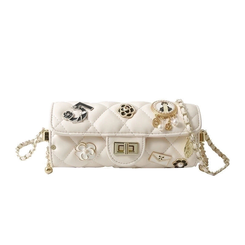 Women's Medium All Seasons Pu Leather Flower Streetwear Square Lock Clasp Shoulder Bag