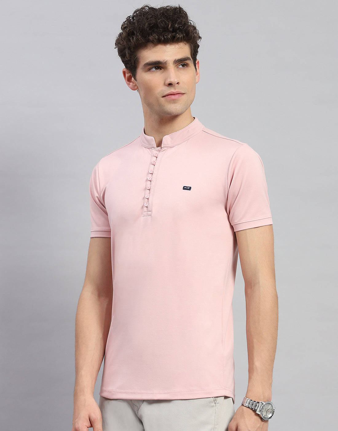 Men Pink Solid  Mandarin Neck Half Sleeve T-Shirt