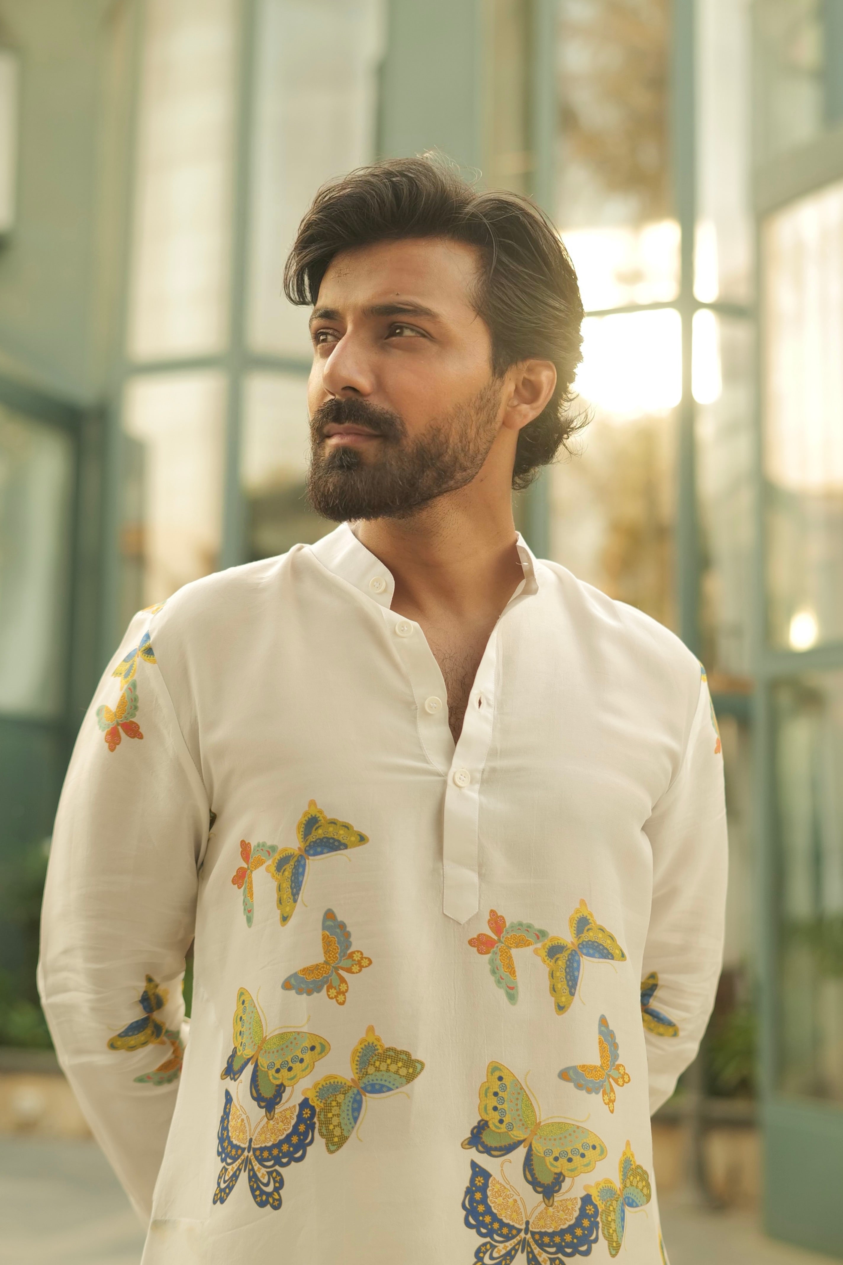 White Butterfly Printed Ganganagery Kurta