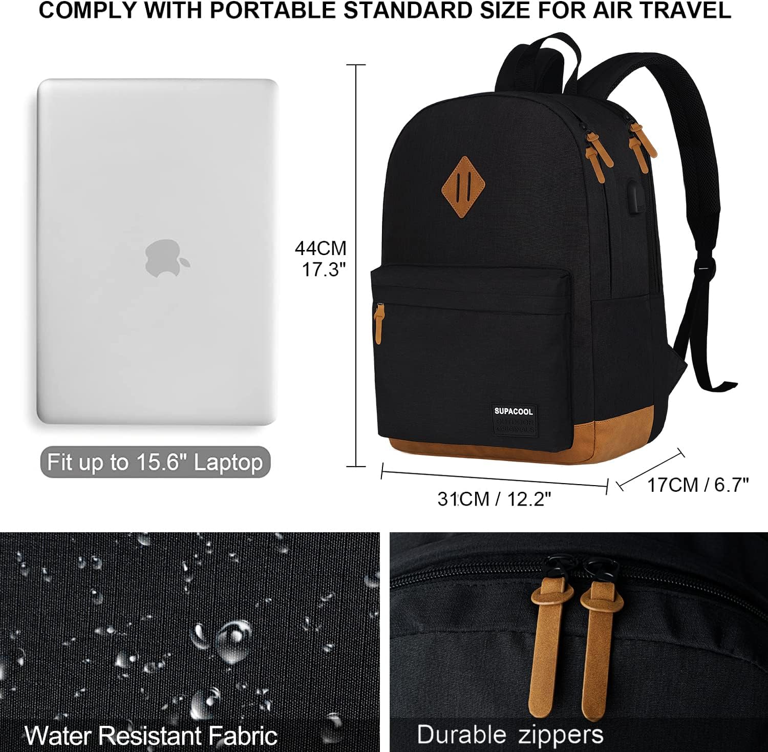 SUPACOOL Casual Laptop Backpack for Men and Women, School Backpack for Boys and Girls, College Bookbag, USB Charging Port, Lightweight Back Pack(Black)