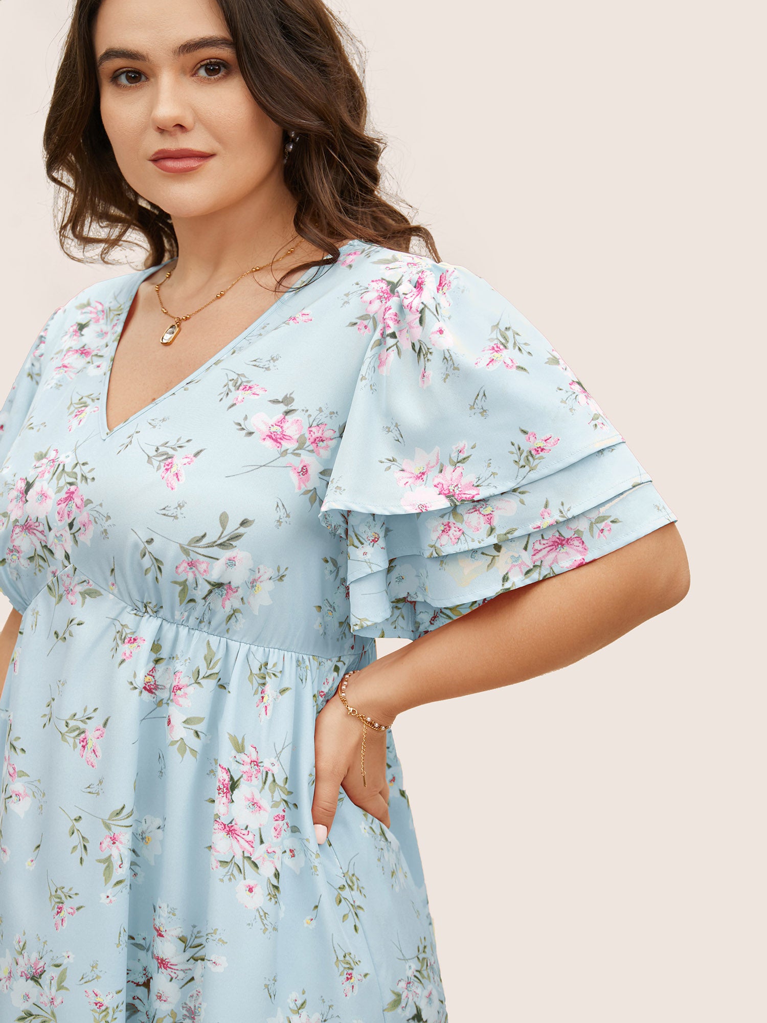 Floral Elastic Waist Tiered Ruffle Sleeve Dress