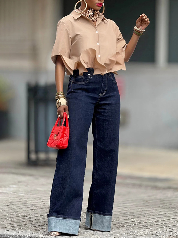 Loose Short Sleeves Ruffled Split-Joint Lapel Blouses