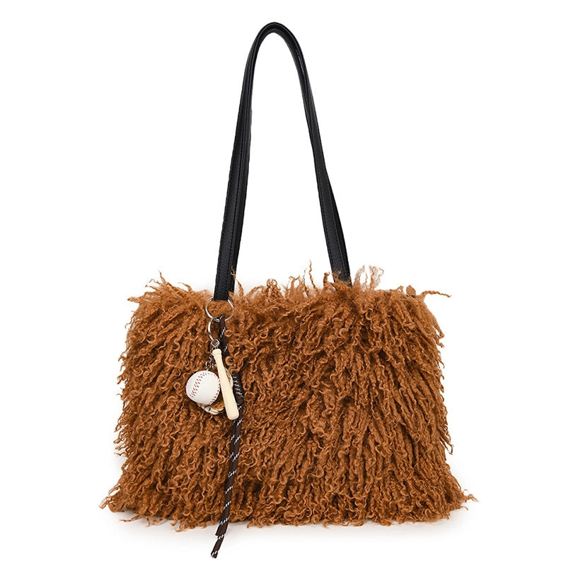Women's Plush Solid Color Streetwear Sewing Thread Square Magnetic Buckle Shoulder Bag