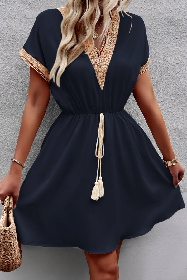 V Neck Drawstring Waist Mini Dress