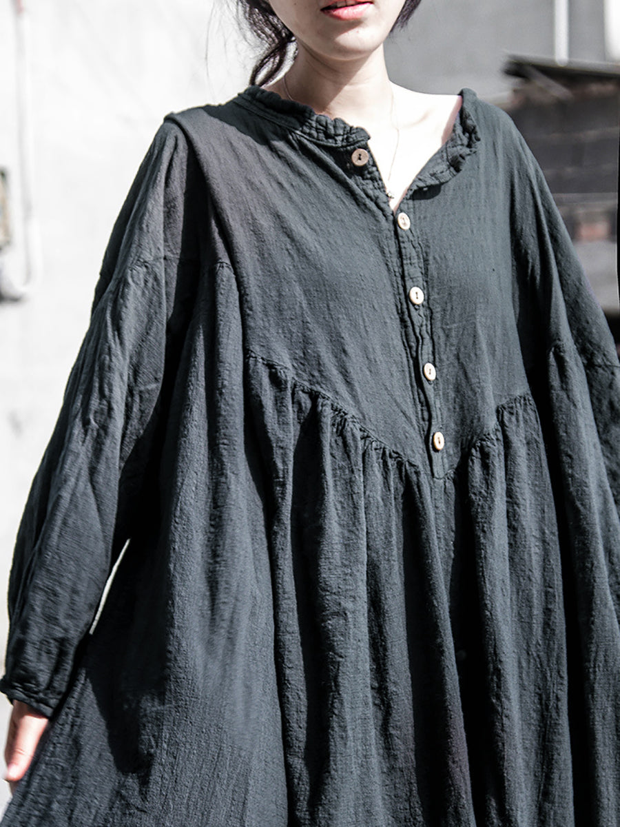 Women Vintage Pure Color Loose Cotton Linen Dress