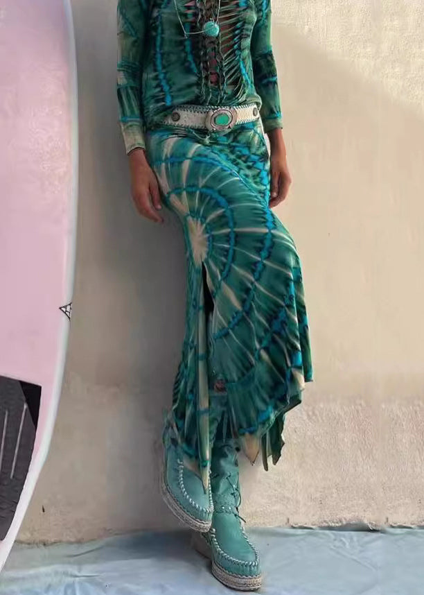 Green Print Side Open High Waist Cotton Skirts Fall