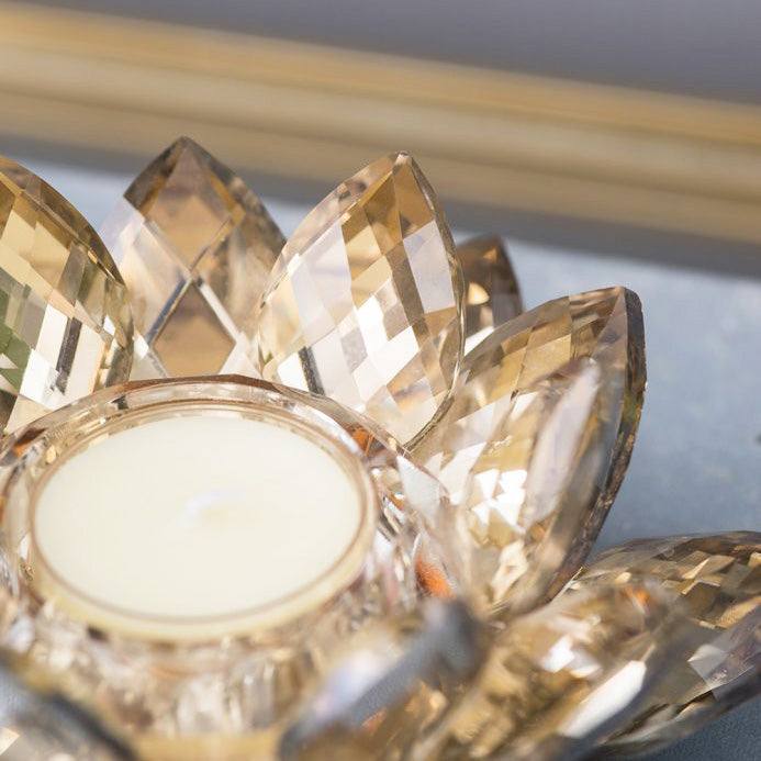 Lotus Crystal Tealight Holder. Set of 2 - Soft Gold