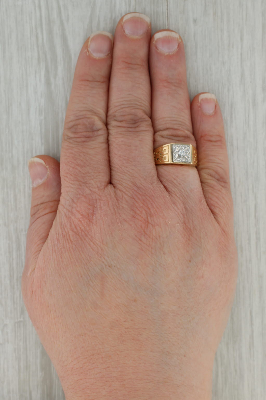 0.10ct Diamond Solitaire Ring 14k Gold Vintage Men's Chain Pattern