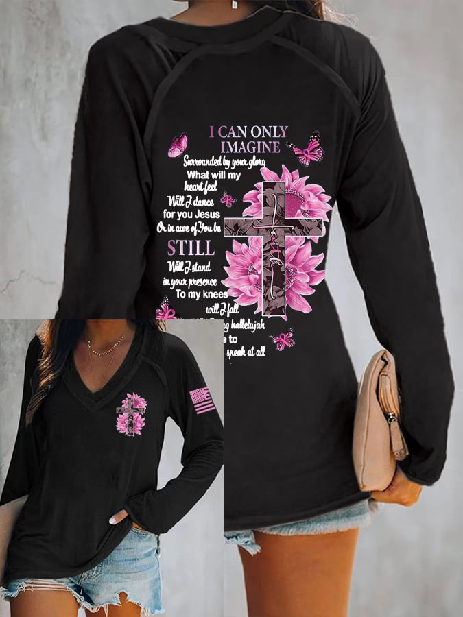 Womens Sunflower Jesus Cross Butterfly I Can Imagine Breast Cancer Awareness Print Casual Long Sleeve T-Shirt