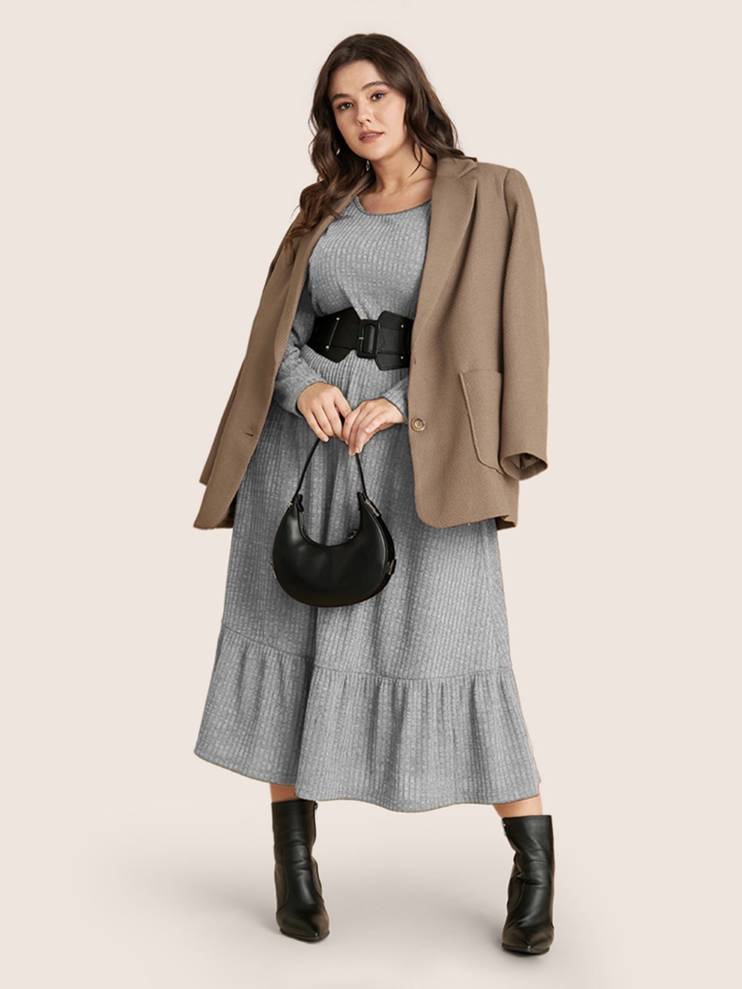 Solid Pocket Rib Knit Ruffle Hem Dress Without Belt