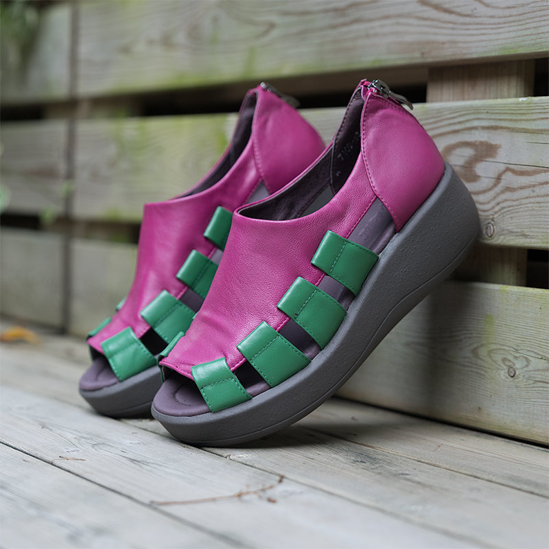 Handmade Leather Gladiator Sandals Peep Toe Back Zip 50mm Wedges Color Blocking