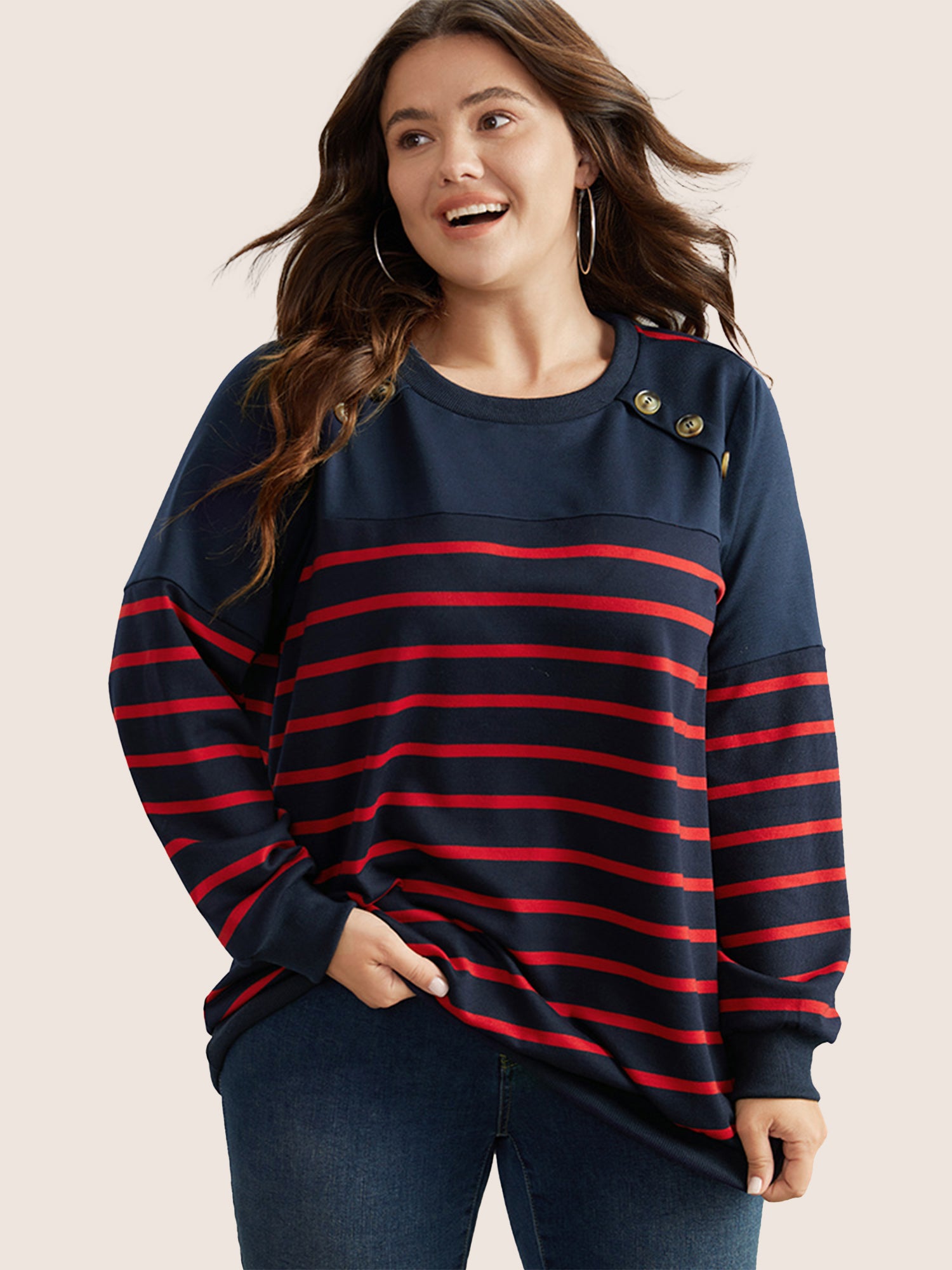 Striped Patchwork Button Detail Sweatshirt