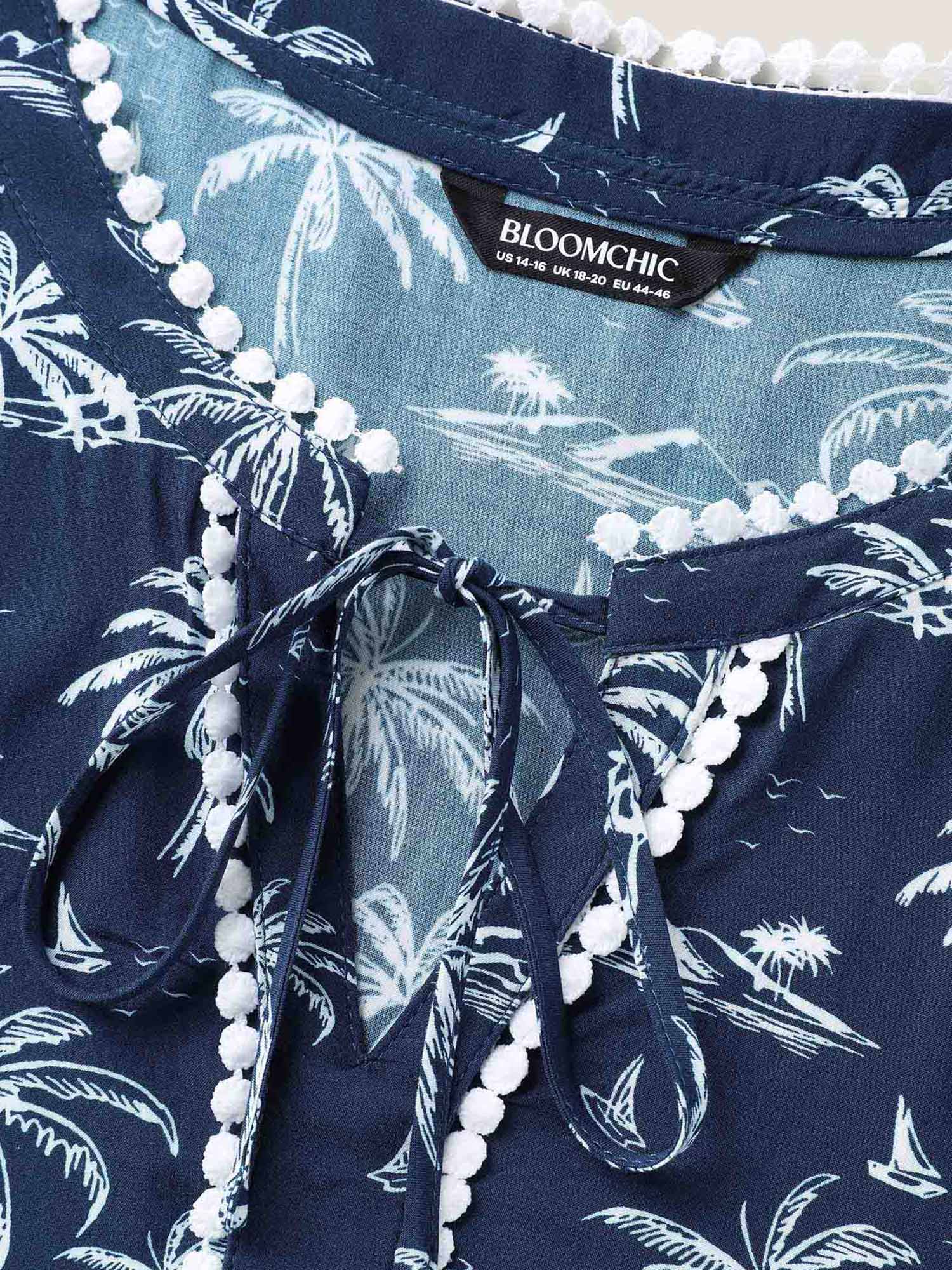 Tropical Print Lace Trim Flowy Blouse