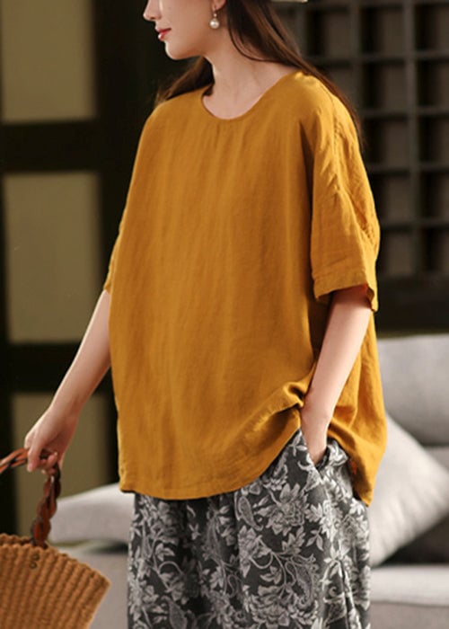 Loose Rose O Neck Solid Linen T Shirts Summer