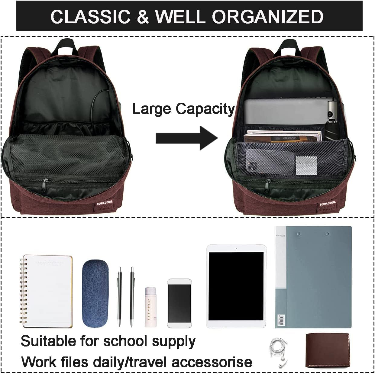 SUPACOOL Casual Laptop Backpack for Men and Women, School Backpack for Boys and Girls, College Bookbag, USB Charging Port, Lightweight Back Pack(Black)