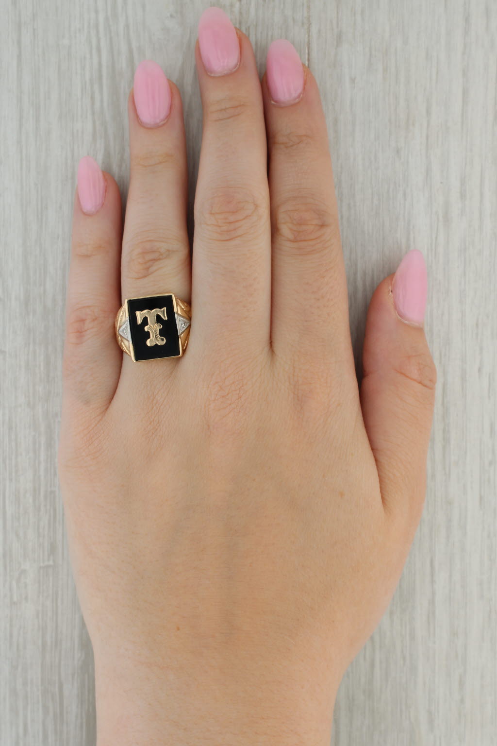 Letter Initial T Onyx Diamond Signet Ring 10k Yellow Gold Ornate Men's Size 9.75