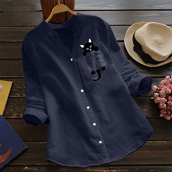 🔥V-neck Cotton And Cat Print Long Sleeve Blouse