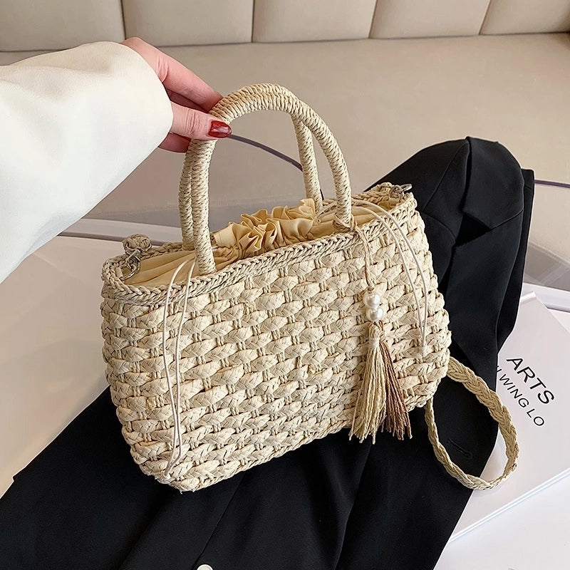 Women's Medium Straw Solid Color Streetwear Square String Shoulder Bag Handbag Crossbody Bag