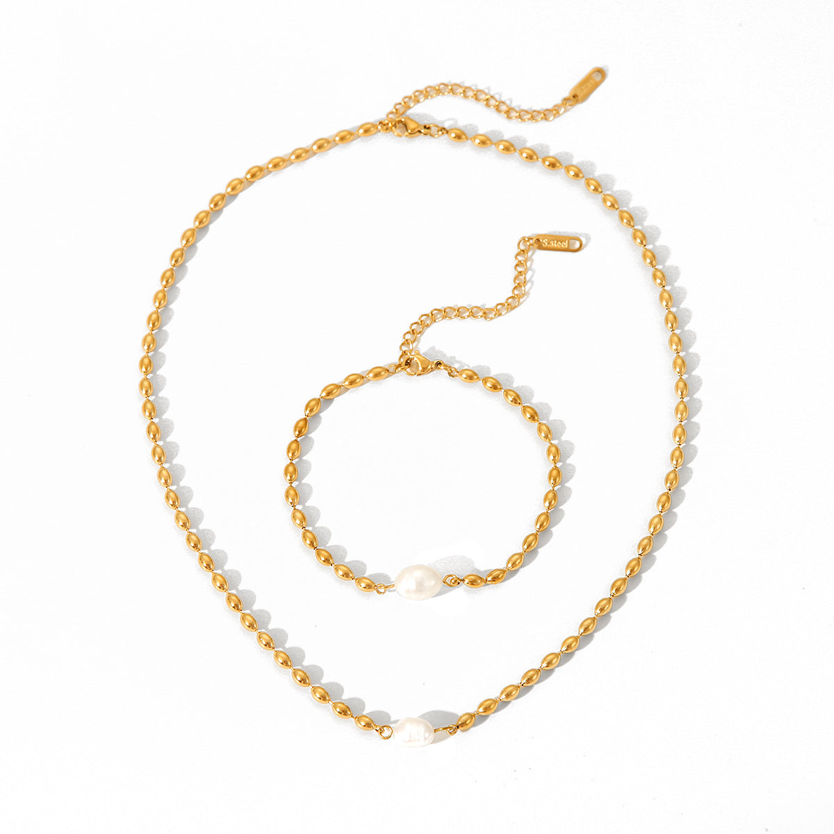 Processing And Customization Of Natural Freshwater Pearl Oval Gold Bean Necklace Stainless Steel Bracelet Titanium Steel