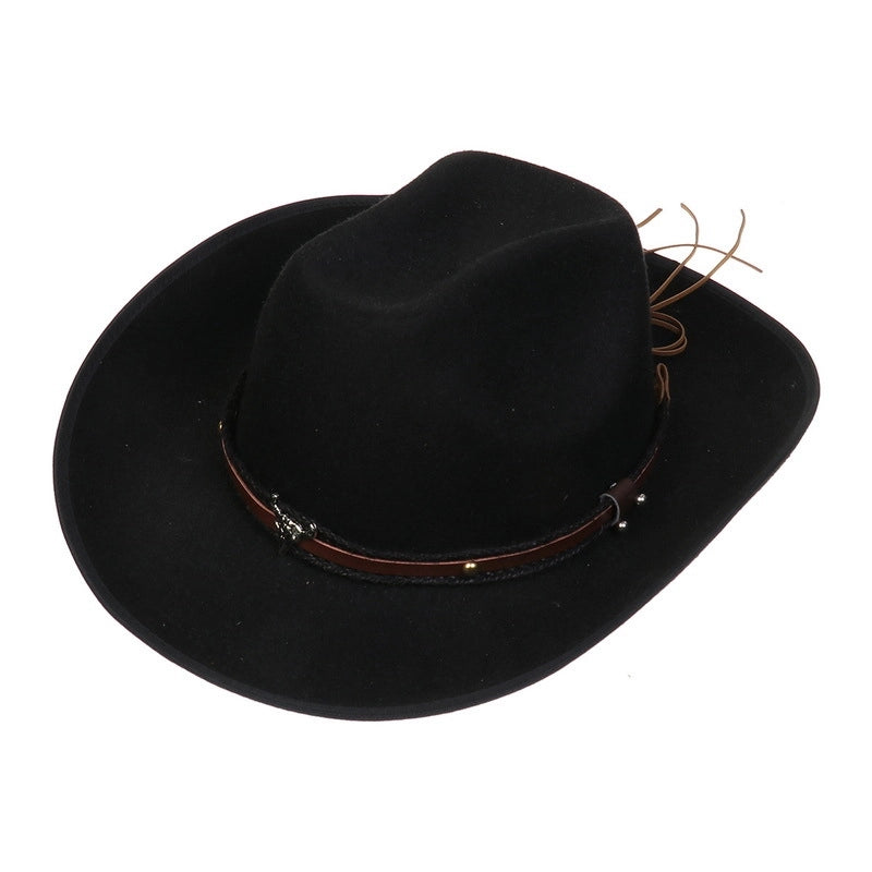 New Woolen Hat Western Denim Top Hat Men And Women Couple Hat Big Brim Curling Felt Hat