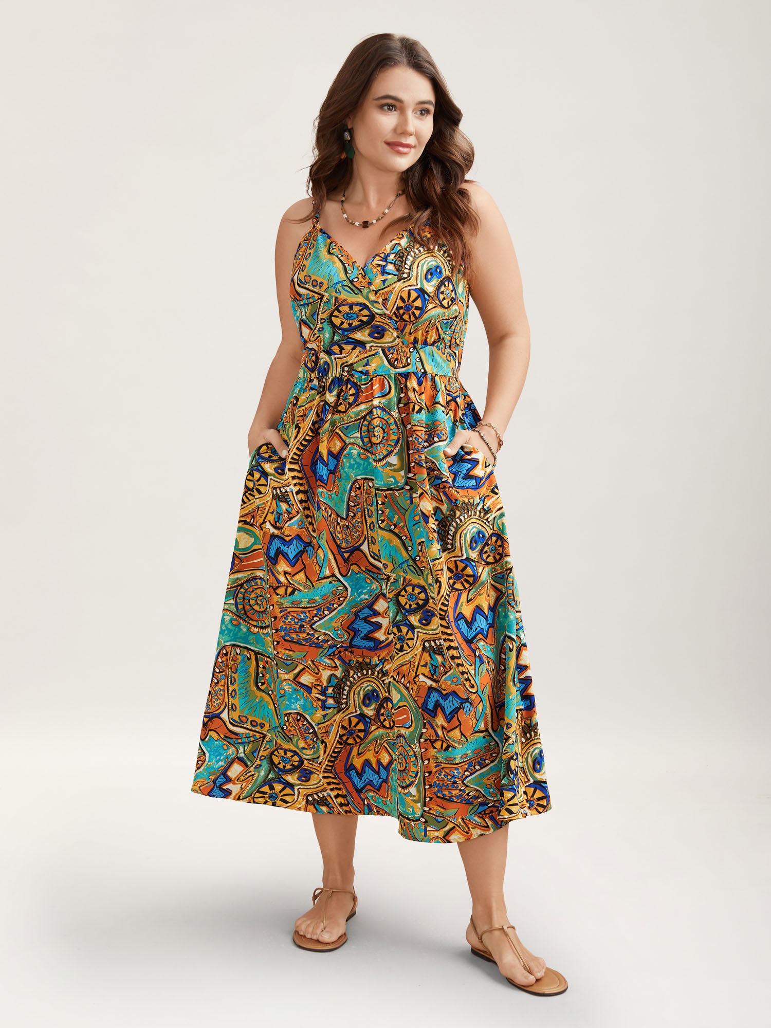 Boho Print Stretchy Waist Pockets Maxi Dress