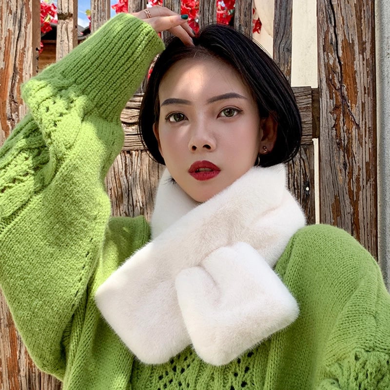 New Winter Faux Rex Rabbit Fur Scarf Women's Warm Anti-wind Necker Solid Color Cross Scarf Mao Scarf