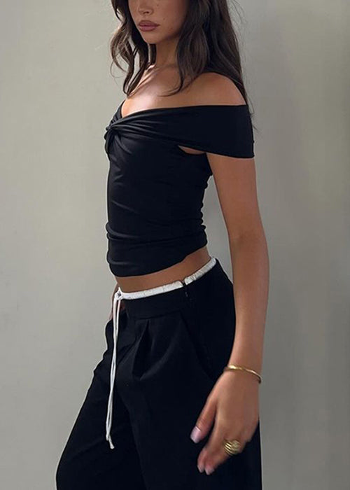 Slim Fit Black Slash Neck Solid Cotton T Shirts Summer
