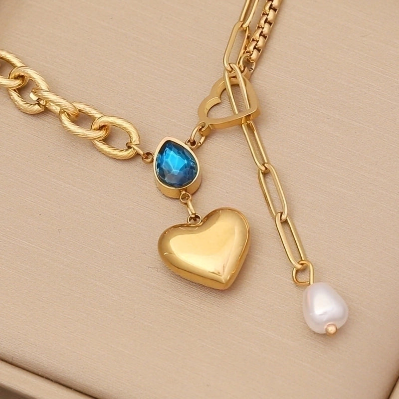 1 Piece Vintage Style Water Droplets Heart Shape Stainless Steel 18k Gold Plated Gem Pendant Necklace