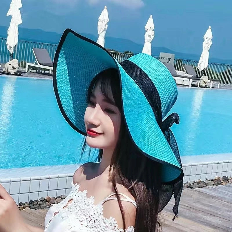 Women's Minimalist Classic Style Color Block Big Eaves Straw Hat