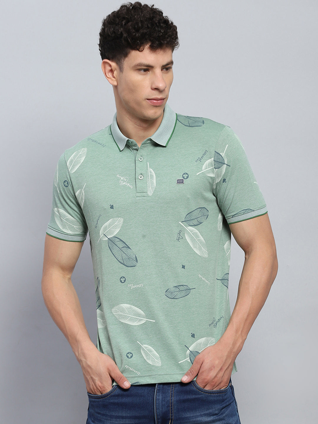 Men Green Printed Collar Half Sleeve T-Shirt