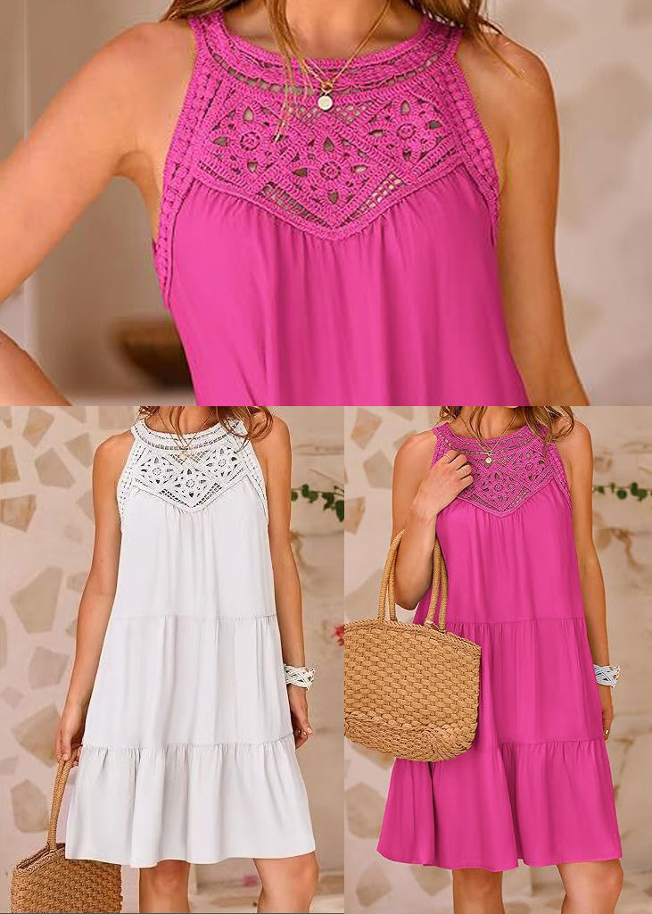Rose Patchwork Cotton Mini Dress Hollow Out Sleeveless