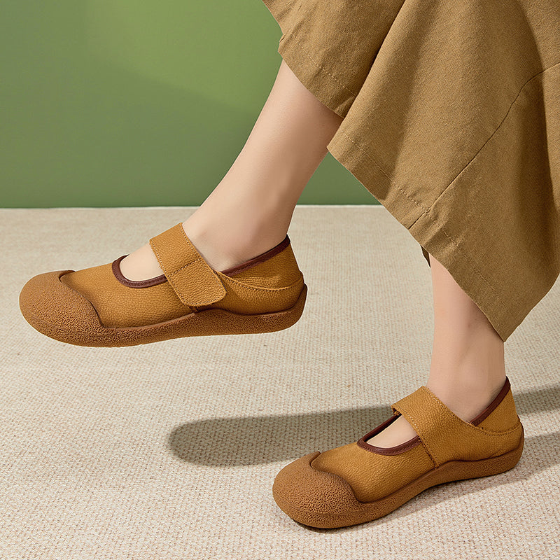 Soft Leather Mary Jane Shoes Rubber-toe Casual Flats with Velcro Strap in Yellow Brown