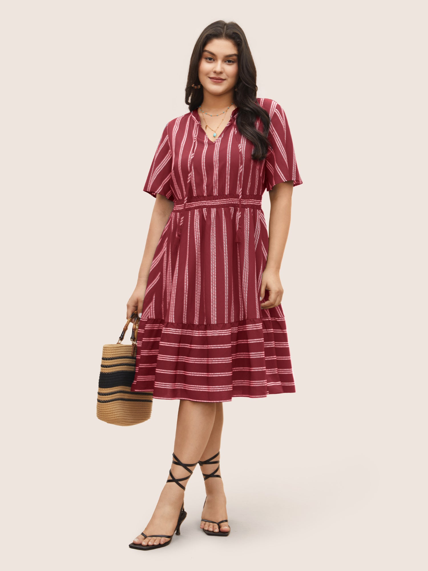 Striped Patchwork Tassels Ties Shirred Dress